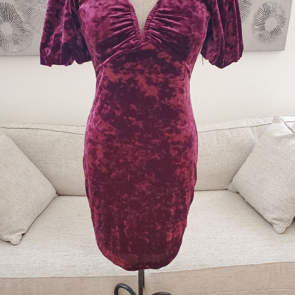 Guess Crushed Velvet Puff-Sleeve Dress Sz 4 - Picture 4 of 13
